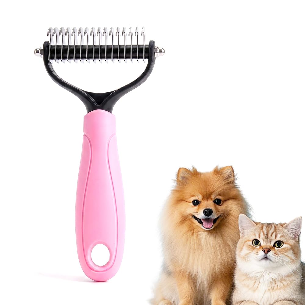 Pet Pro Grooming Tool, Dematting Comb for Dogs and Cats, Undercoat Rake Pet Brush for Long Hair, Deshedding Dog Brush Removes Tangles Knots and Loose Fur (Pink-L)