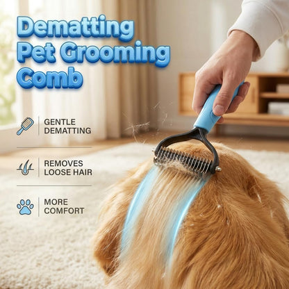 Pet Pro Grooming Tool, Dematting Comb for Dogs and Cats, Undercoat Rake Pet Brush for Long Hair, Deshedding Dog Brush Removes Tangles Knots and Loose Fur (Pink-L)