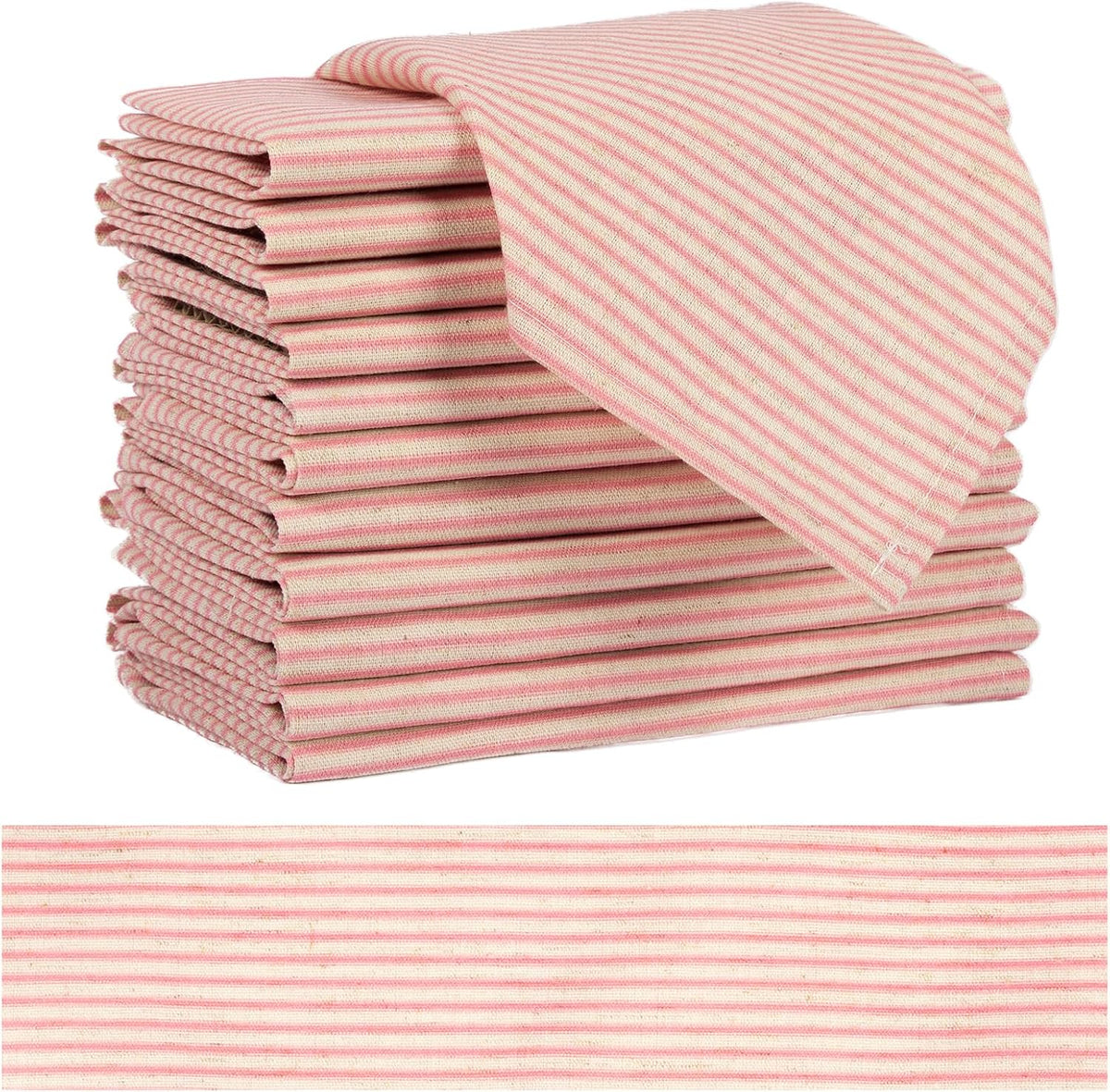 Pink Striped Cloth Dinner Napkins, Farmhouse Set of 12 Reusable Cotton Napkins for Bridal Wedding, Spring Party and Everyday Use
