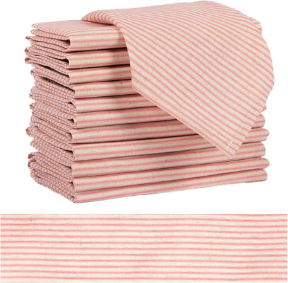 Pink Striped Cloth Dinner Napkins, Farmhouse Set of 12 Reusable Cotton Napkins for Bridal Wedding, Spring Party and Everyday Use
