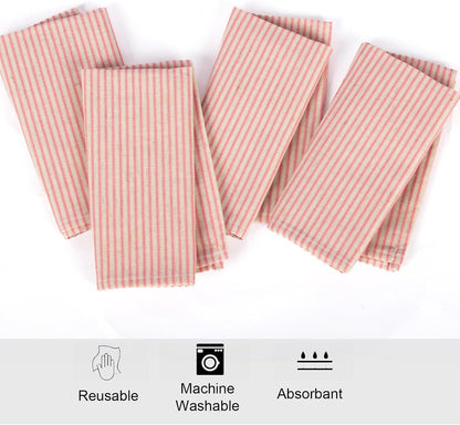 Pink Striped Cloth Dinner Napkins, Farmhouse Set of 12 Reusable Cotton Napkins for Bridal Wedding, Spring Party and Everyday Use
