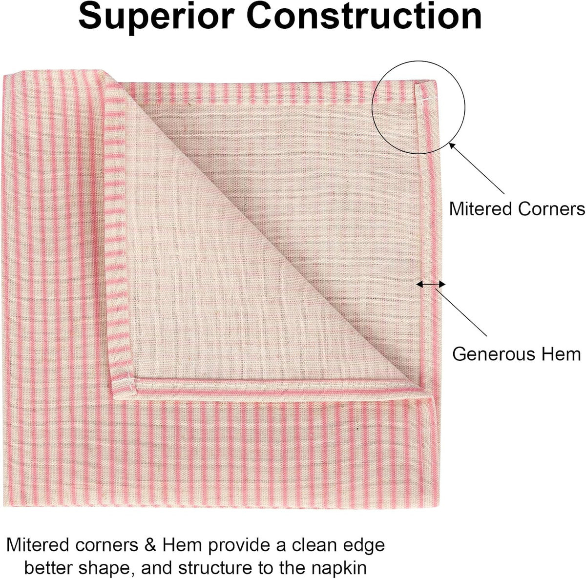 Pink Striped Cloth Dinner Napkins, Farmhouse Set of 12 Reusable Cotton Napkins for Bridal Wedding, Spring Party and Everyday Use