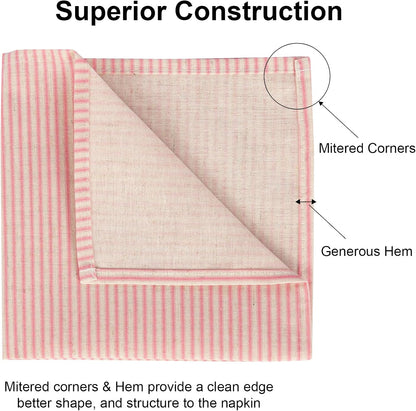 Pink Striped Cloth Dinner Napkins, Farmhouse Set of 12 Reusable Cotton Napkins for Bridal Wedding, Spring Party and Everyday Use