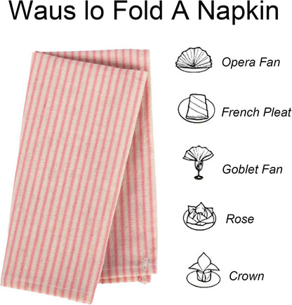 Pink Striped Cloth Dinner Napkins, Farmhouse Set of 12 Reusable Cotton Napkins for Bridal Wedding, Spring Party and Everyday Use