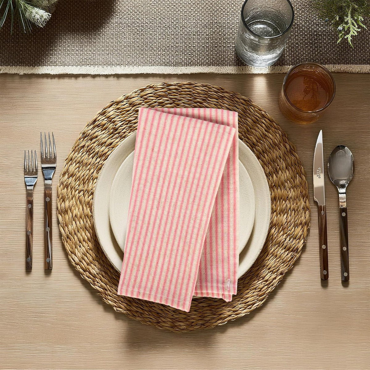 Pink Striped Cloth Dinner Napkins, Farmhouse Set of 12 Reusable Cotton Napkins for Bridal Wedding, Spring Party and Everyday Use