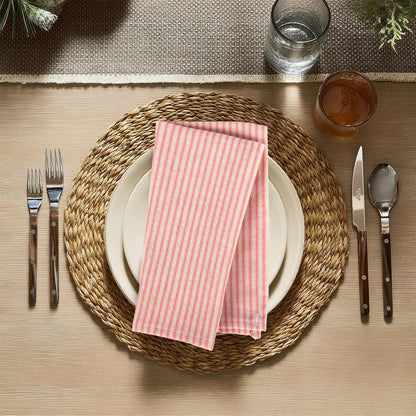 Pink Striped Cloth Dinner Napkins, Farmhouse Set of 12 Reusable Cotton Napkins for Bridal Wedding, Spring Party and Everyday Use