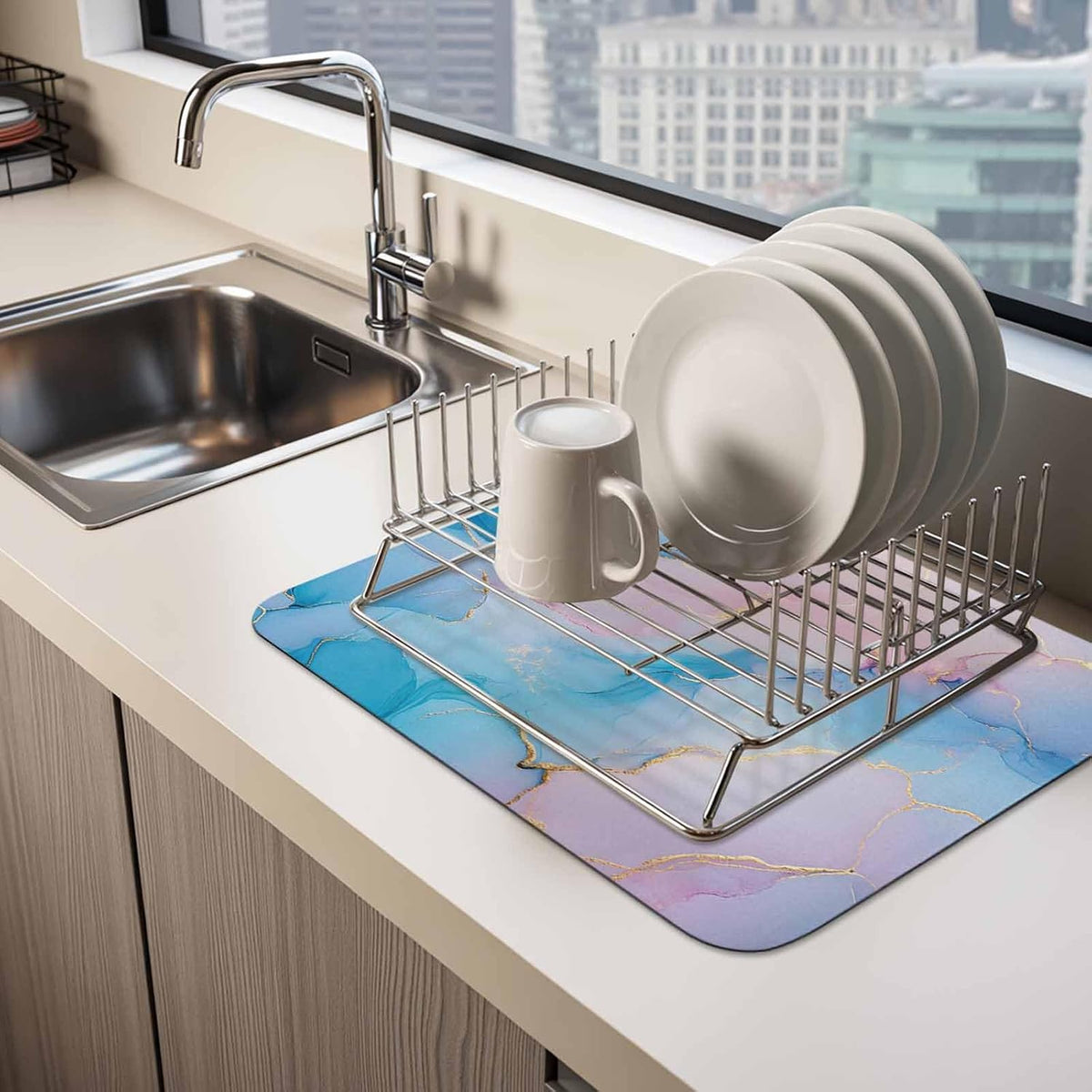 Light Pink Blue Marble Dish Drying Mat for Kitchen Counter, Modern Art Abstract Gold Texture Ombre Super Absorbent Draining Mat Rubber Backing Dish Rack Pad for Dishes, Coffee Bar, Sinks, 12"x16"