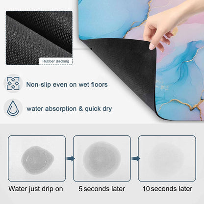 Light Pink Blue Marble Dish Drying Mat for Kitchen Counter, Modern Art Abstract Gold Texture Ombre Super Absorbent Draining Mat Rubber Backing Dish Rack Pad for Dishes, Coffee Bar, Sinks, 12"x16"
