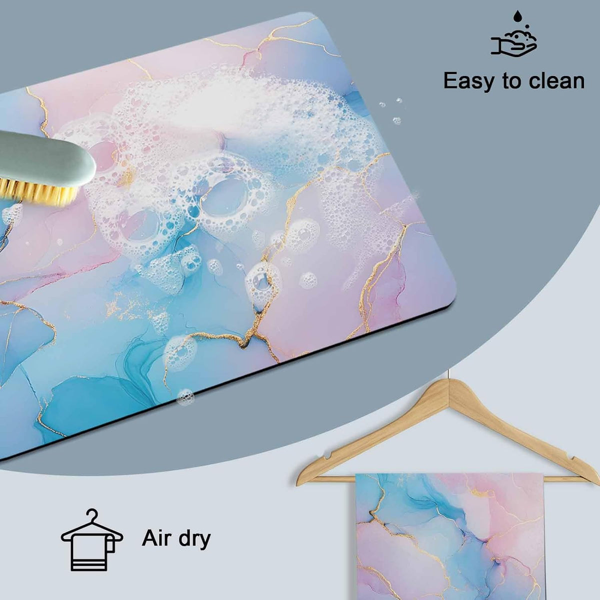 Light Pink Blue Marble Dish Drying Mat for Kitchen Counter, Modern Art Abstract Gold Texture Ombre Super Absorbent Draining Mat Rubber Backing Dish Rack Pad for Dishes, Coffee Bar, Sinks, 12"x16"