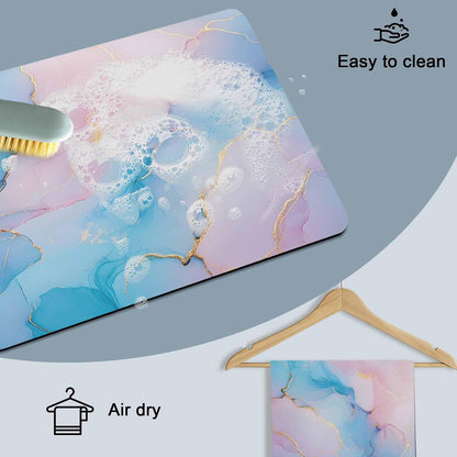 Light Pink Blue Marble Dish Drying Mat for Kitchen Counter, Modern Art Abstract Gold Texture Ombre Super Absorbent Draining Mat Rubber Backing Dish Rack Pad for Dishes, Coffee Bar, Sinks, 12"x16"