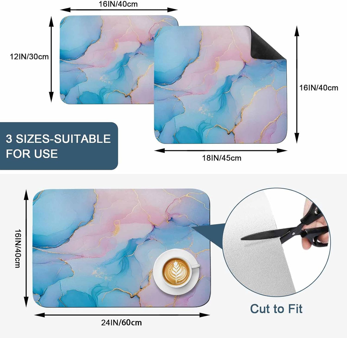 Light Pink Blue Marble Dish Drying Mat for Kitchen Counter, Modern Art Abstract Gold Texture Ombre Super Absorbent Draining Mat Rubber Backing Dish Rack Pad for Dishes, Coffee Bar, Sinks, 12"x16"