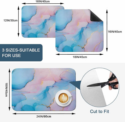 Light Pink Blue Marble Dish Drying Mat for Kitchen Counter, Modern Art Abstract Gold Texture Ombre Super Absorbent Draining Mat Rubber Backing Dish Rack Pad for Dishes, Coffee Bar, Sinks, 12"x16"