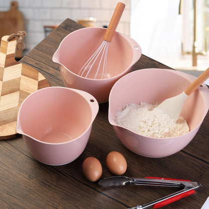 3 Small Mixing Bowls Set with Lids,Grips,Pour Spout and TPR Bottom, Plastic Nesting Bowl Use for Kitchen Cooking-Prep,Serving,Baking Bread Cake,Pancake,Non-slip,3Qt,2Qt,1.5Qt,Pink