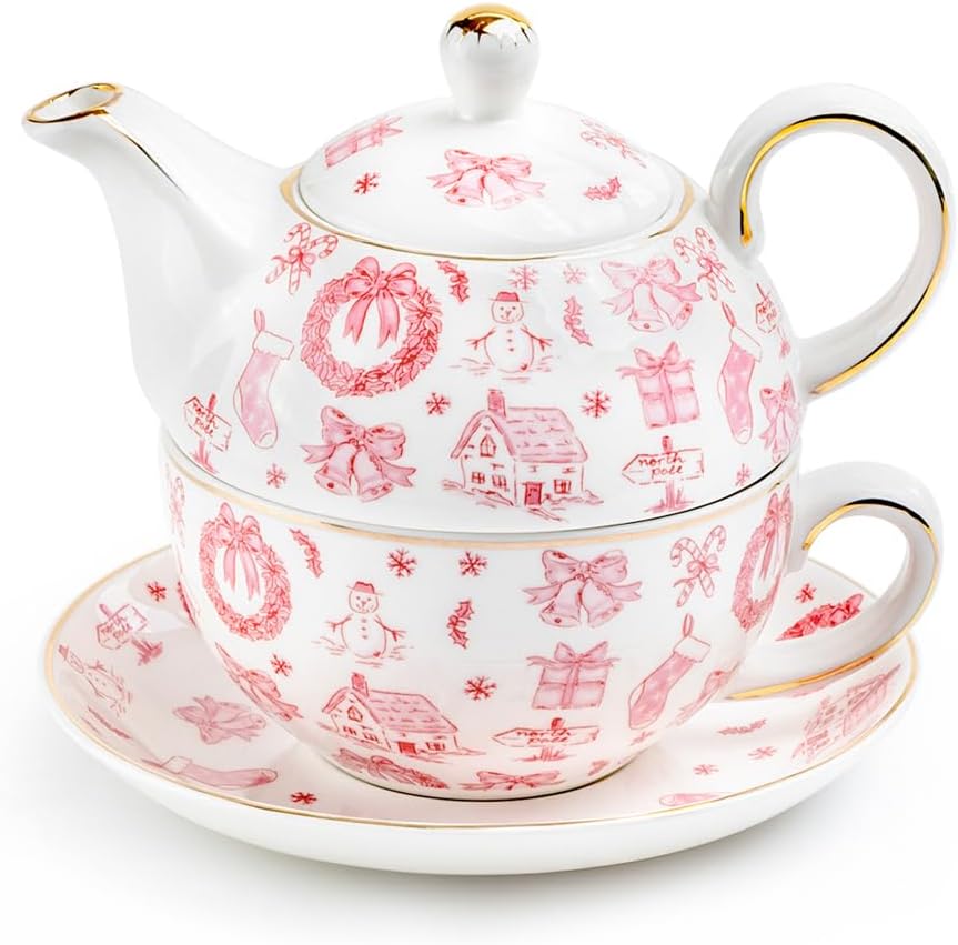 Christmas Pink Bow Fine Porcelain Tea For One Set, Winter Afternoon Tea, Holiday Cheer, Seasonal Gift