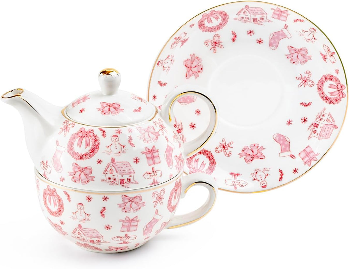 Christmas Pink Bow Fine Porcelain Tea For One Set, Winter Afternoon Tea, Holiday Cheer, Seasonal Gift