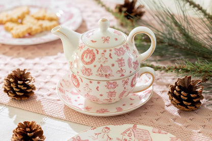 Christmas Pink Bow Fine Porcelain Tea For One Set, Winter Afternoon Tea, Holiday Cheer, Seasonal Gift