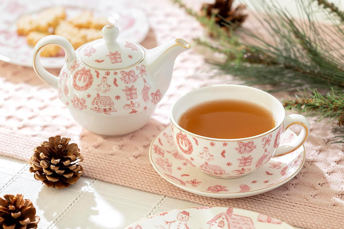 Christmas Pink Bow Fine Porcelain Tea For One Set, Winter Afternoon Tea, Holiday Cheer, Seasonal Gift