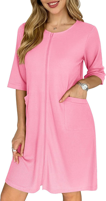 Zip Up Robes for Women Short Waffle Bathrobe Lightweight house coat 3/4 Sleeve Soft Nightgown with Pockets S-3XL