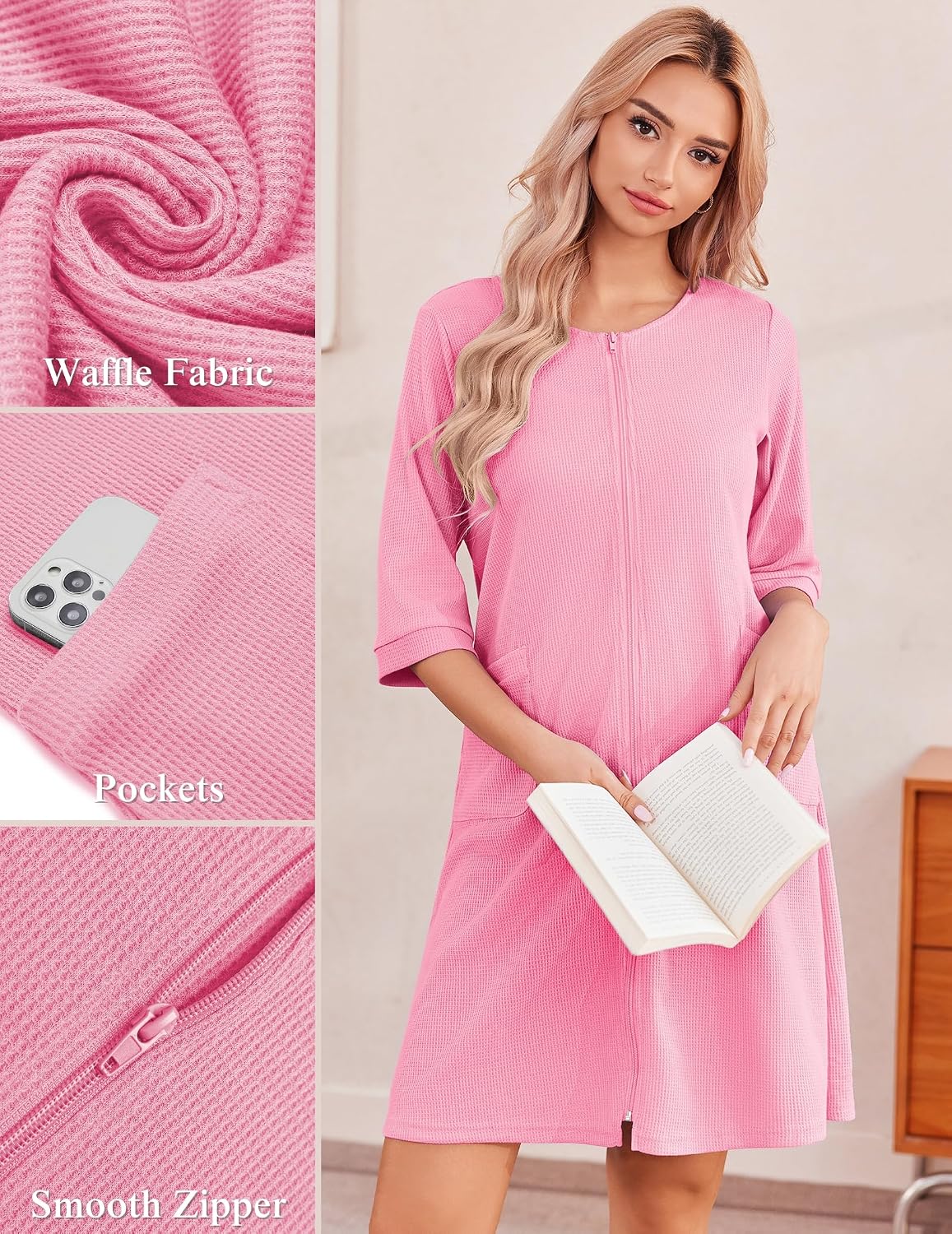 Zip Up Robes for Women Short Waffle Bathrobe Lightweight house coat 3/4 Sleeve Soft Nightgown with Pockets S-3XL
