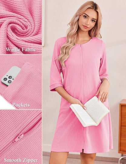 Zip Up Robes for Women Short Waffle Bathrobe Lightweight house coat 3/4 Sleeve Soft Nightgown with Pockets S-3XL