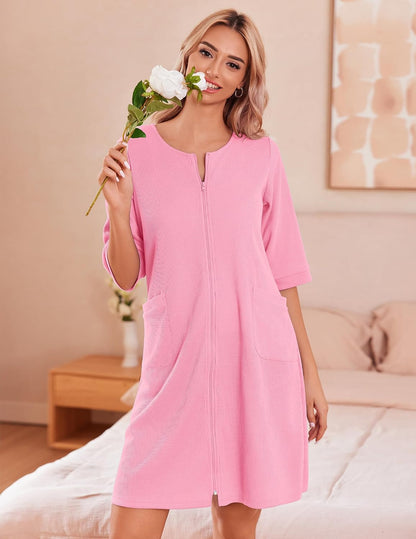 Zip Up Robes for Women Short Waffle Bathrobe Lightweight house coat 3/4 Sleeve Soft Nightgown with Pockets S-3XL