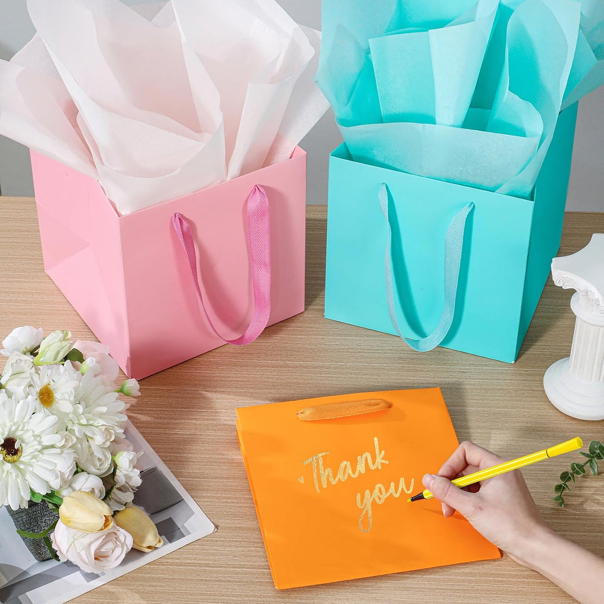 Pink Square Gift Bags with Tissue - 6 Inch Pink Square Paper Bags with Handles for Party Favors (10 PCS, 6x6x6 in)