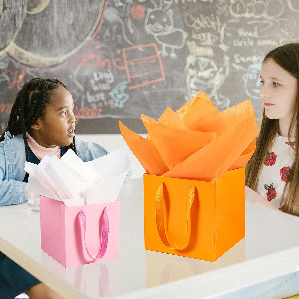 Pink Square Gift Bags with Tissue - 6 Inch Pink Square Paper Bags with Handles for Party Favors (10 PCS, 6x6x6 in)