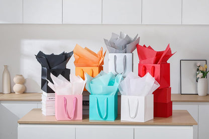 Pink Square Gift Bags with Tissue - 6 Inch Pink Square Paper Bags with Handles for Party Favors (10 PCS, 6x6x6 in)