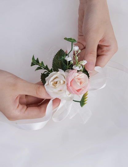 2Pcs Wrist Corsage Boutonniere Set, White+Pink