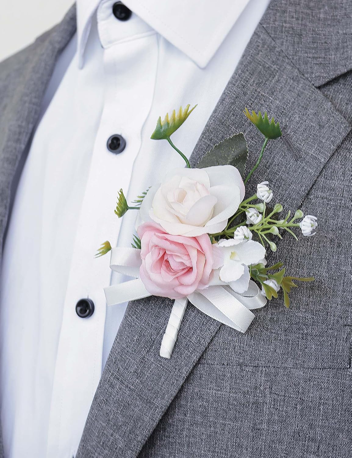 2Pcs Wrist Corsage Boutonniere Set, White+Pink