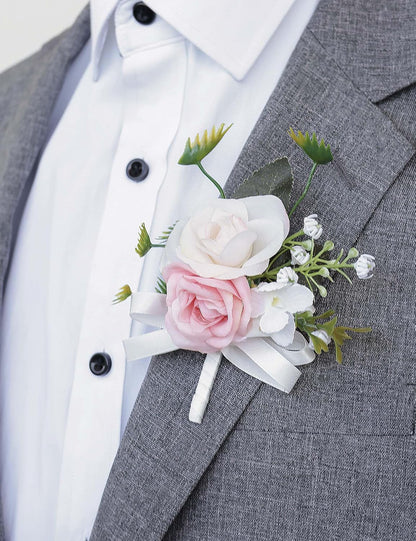 2Pcs Wrist Corsage Boutonniere Set, White+Pink