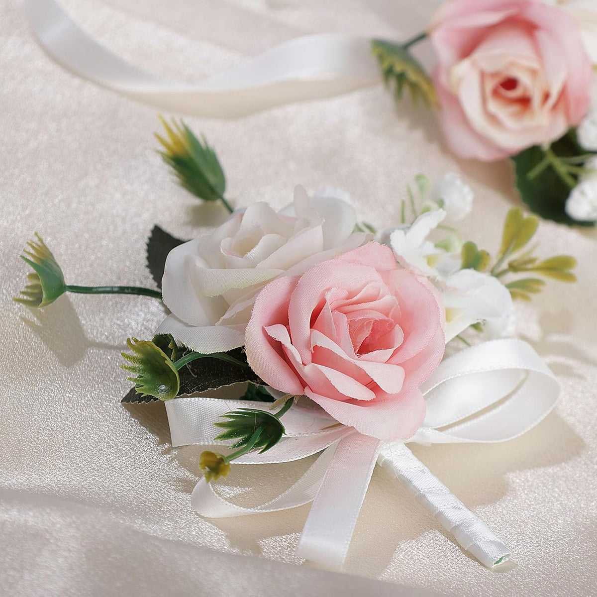 2Pcs Wrist Corsage Boutonniere Set, White+Pink