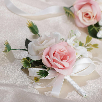 2Pcs Wrist Corsage Boutonniere Set, White+Pink