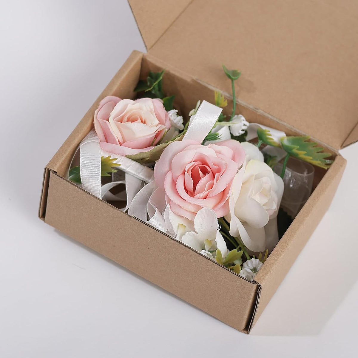 2Pcs Wrist Corsage Boutonniere Set, White+Pink