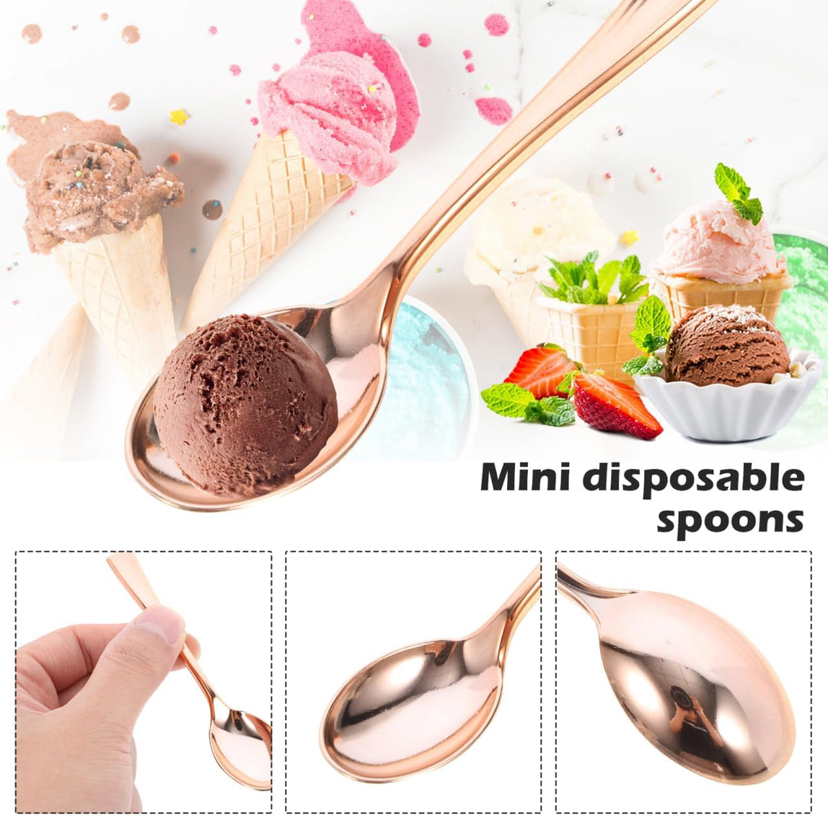 Mini Spoons 24 pcs Rose Gold Plastic Dessert Spoons Disposable Cake Spoons for Ice Cream Jelly Pudding Appetizers Home Shop Party 3.85 in