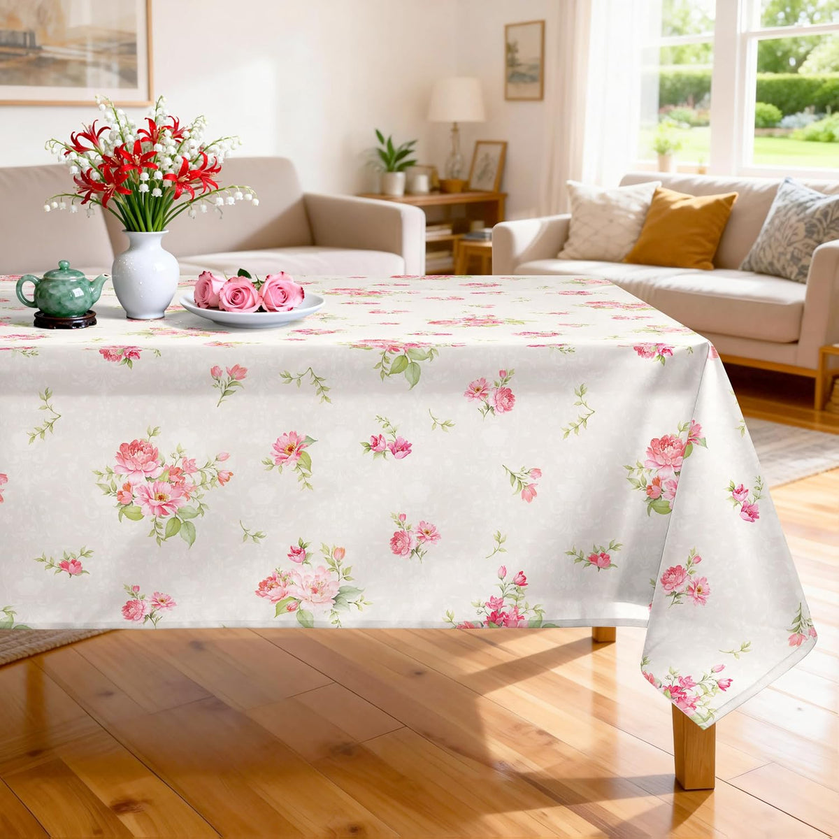 Pink Floral Polyester Tablecloth, Beige, 60 x 84 inch