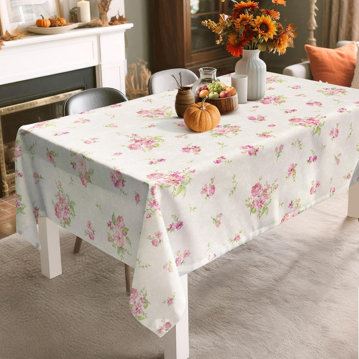 Pink Floral Polyester Tablecloth, Beige, 60 x 84 inch