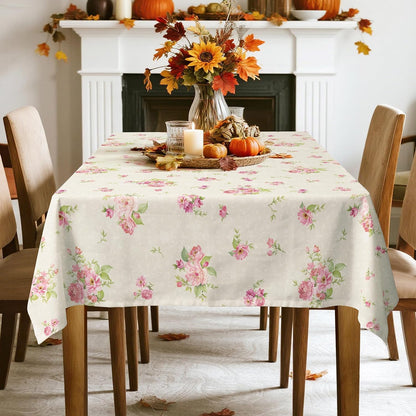 Pink Floral Polyester Tablecloth, Beige, 60 x 84 inch