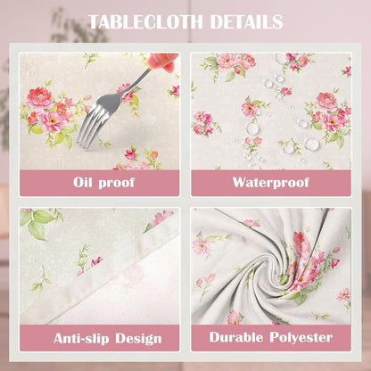 Pink Floral Polyester Tablecloth, Beige, 60 x 84 inch