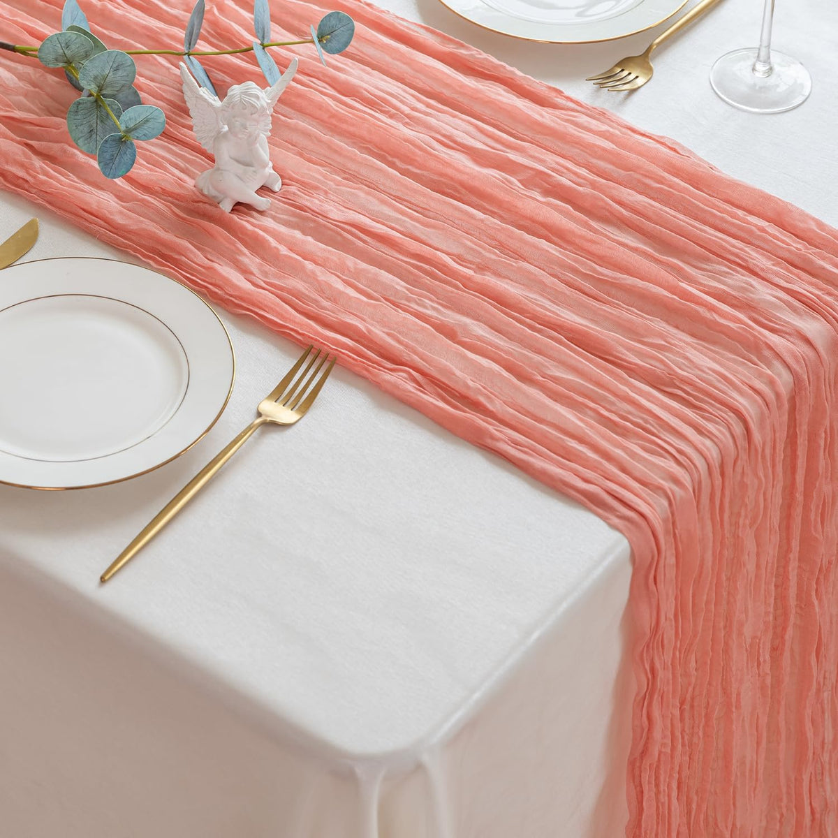 SIOLOC Dusty Coral Table Runner 120 x 35 Inch, Boho Gauze Cheesecloth Table Runner for Wedding, Rustic Sheer Table Decor for Bridal Shower, Baby Shower, Party & Events