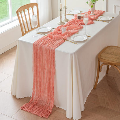 SIOLOC Dusty Coral Table Runner 120 x 35 Inch, Boho Gauze Cheesecloth Table Runner for Wedding, Rustic Sheer Table Decor for Bridal Shower, Baby Shower, Party & Events