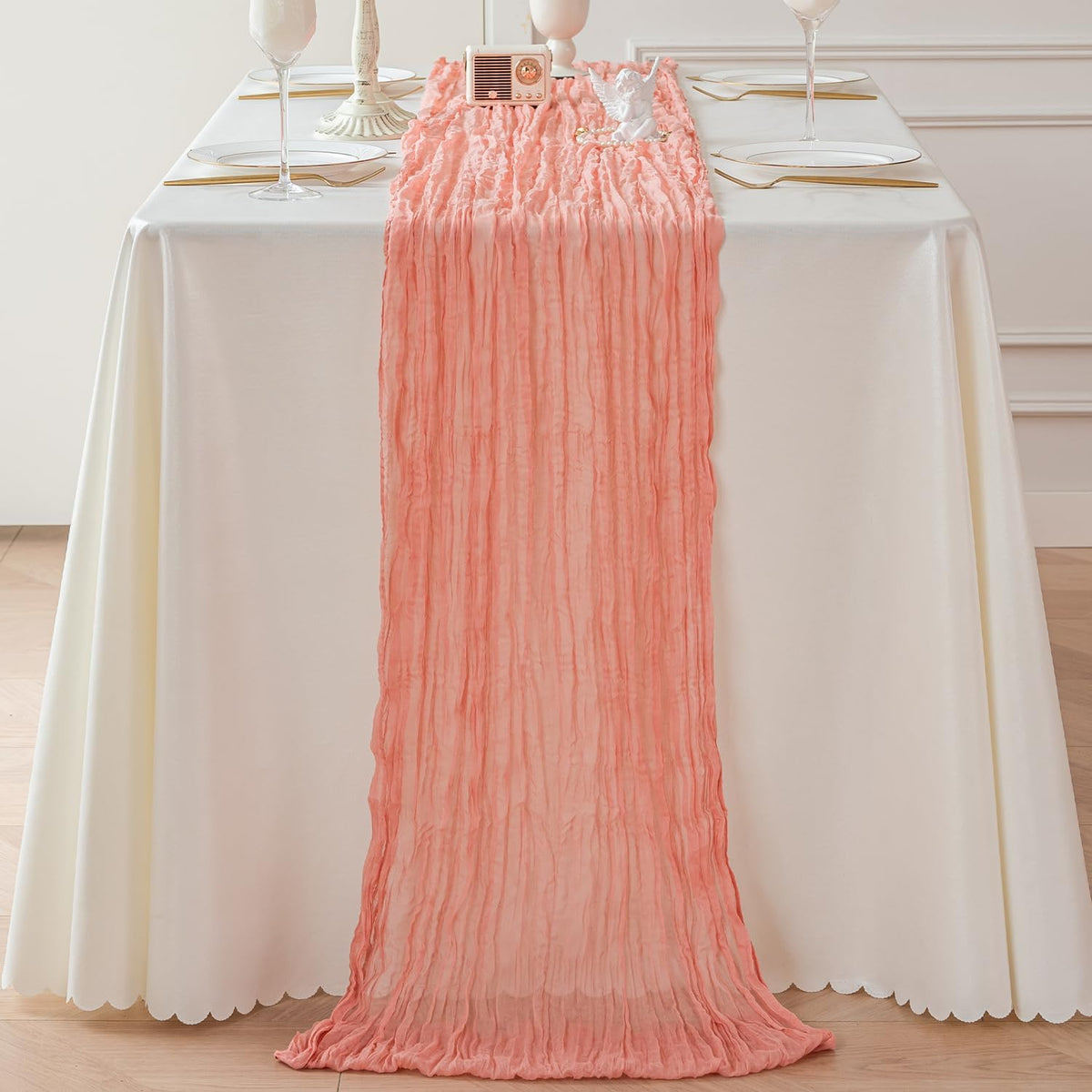 SIOLOC Dusty Coral Table Runner 120 x 35 Inch, Boho Gauze Cheesecloth Table Runner for Wedding, Rustic Sheer Table Decor for Bridal Shower, Baby Shower, Party & Events
