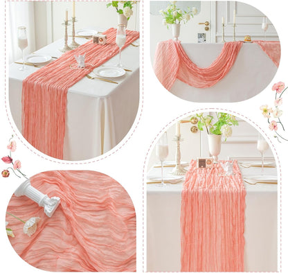 SIOLOC Dusty Coral Table Runner 120 x 35 Inch, Boho Gauze Cheesecloth Table Runner for Wedding, Rustic Sheer Table Decor for Bridal Shower, Baby Shower, Party & Events