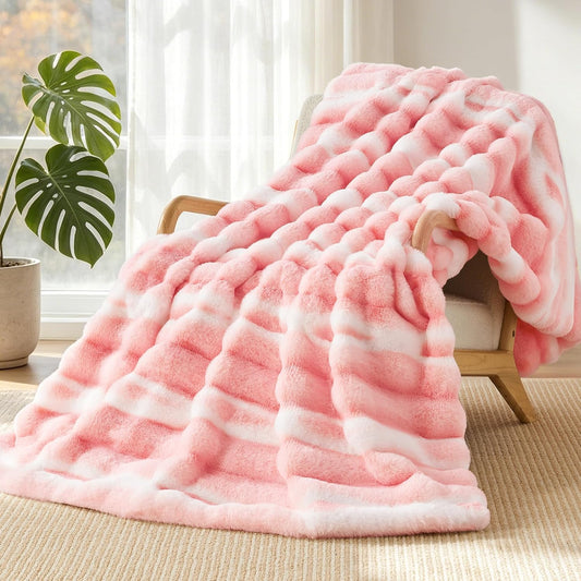 Faux Rabbit Fur Throw Blanket, Plush Fuzzy Blanket, 50" × 60", Pink