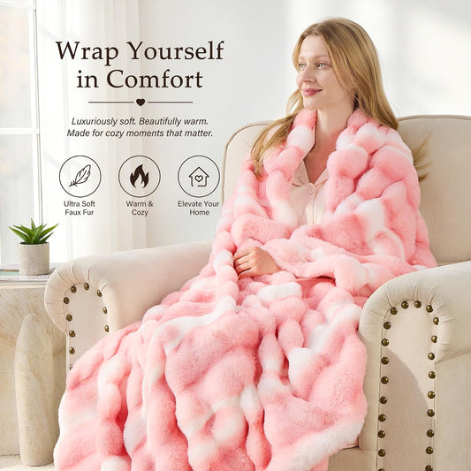 Faux Rabbit Fur Throw Blanket, Plush Fuzzy Blanket, 50" × 60", Pink