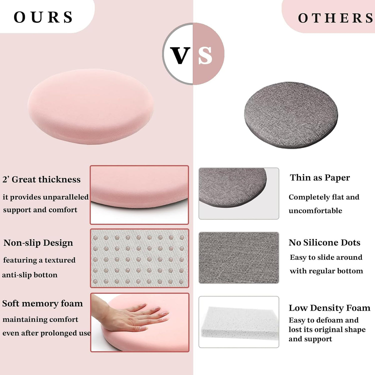 Pink 15.7 Inch 2 Pack Round Memory Foam Chair Pad, 1.8" Thick