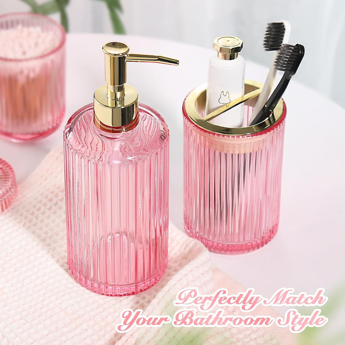 RYTOXILO Pink Bathroom Accessories Set, Pink Bathroom Decor Accessory Sets Complete, 4 Pack Ribbed Grils Soap Dispenser and Toothbrush Holder Set with 2 Qtip Holders, Girly Bath Counter Essentials