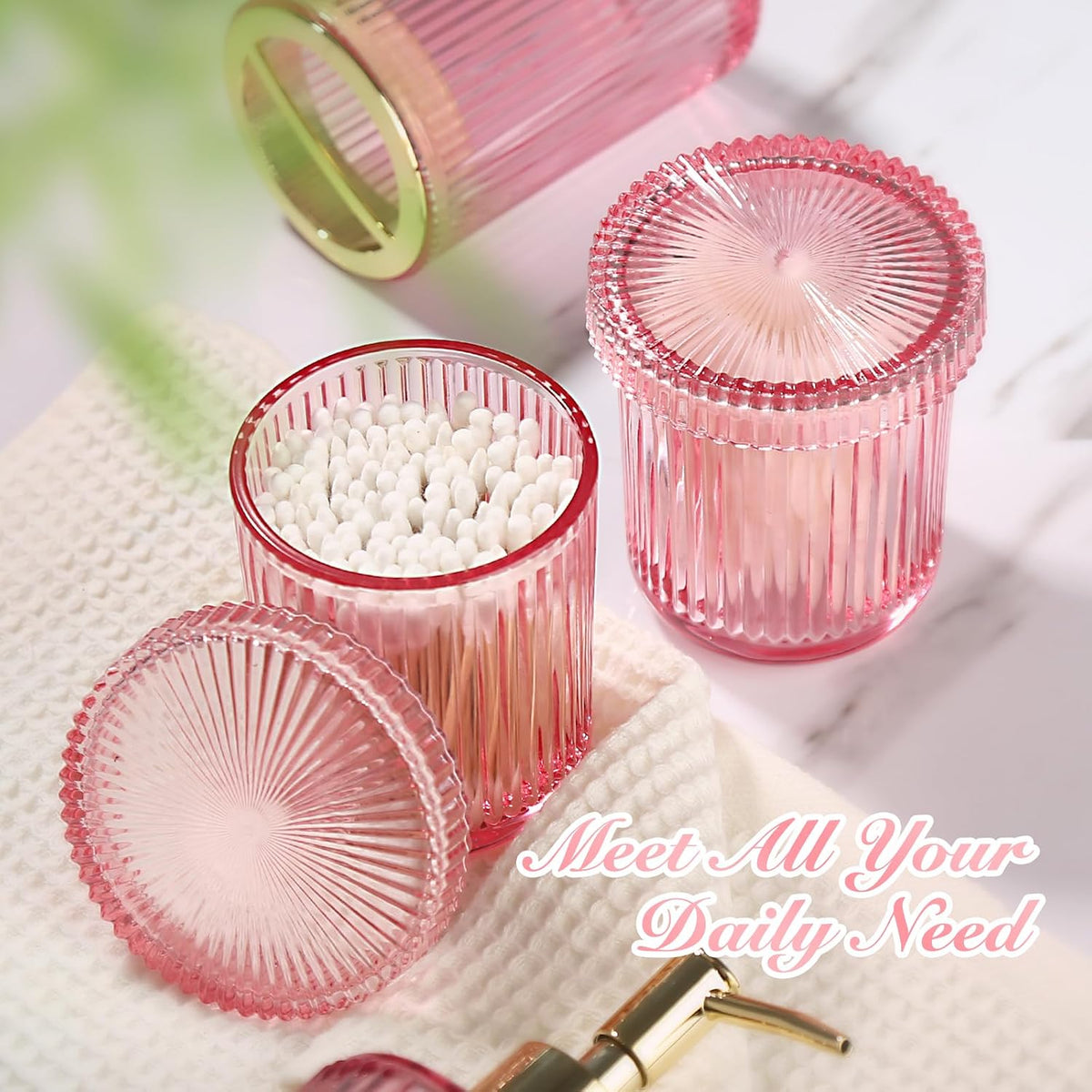 RYTOXILO Pink Bathroom Accessories Set, Pink Bathroom Decor Accessory Sets Complete, 4 Pack Ribbed Grils Soap Dispenser and Toothbrush Holder Set with 2 Qtip Holders, Girly Bath Counter Essentials