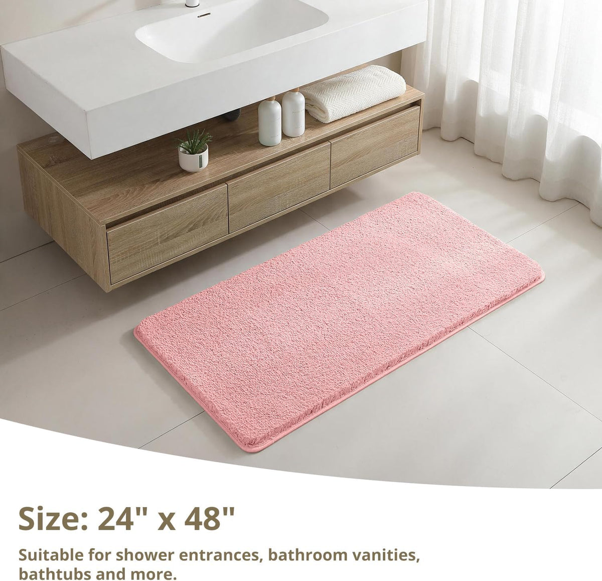 Polyester Bathroom Rug 24"x48" Pink, Non-Slip Soft Shaggy Bath Mat