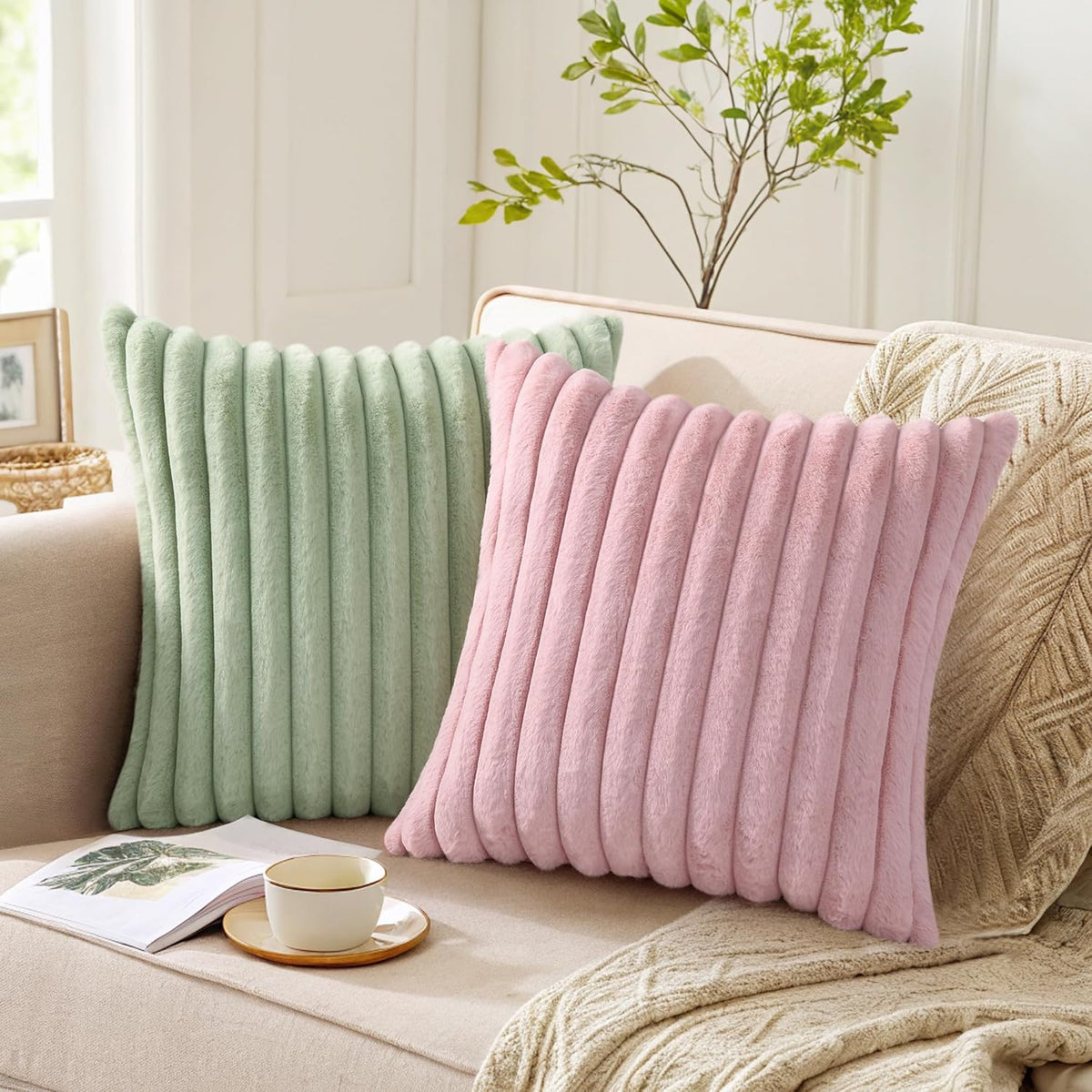 Faux Fur Decorative Throw Pillow Covers 16x16 Set of 2, Blush Pink